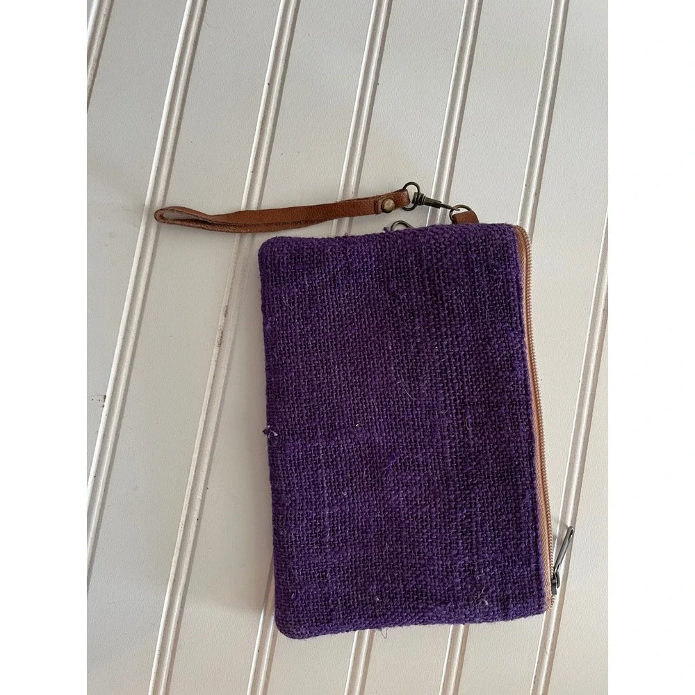 Purple Jute and Brown Faux Leather Wristlet Clutch Boho Cross Stitch Pouch Bag